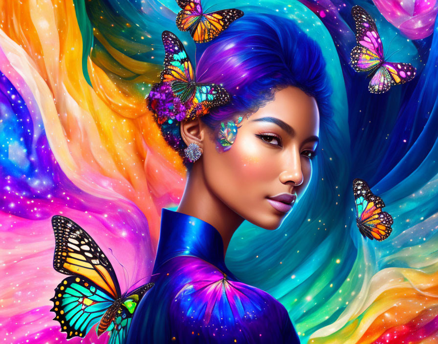 Colorful digital artwork: Woman with blue hair, swirling patterns, butterflies