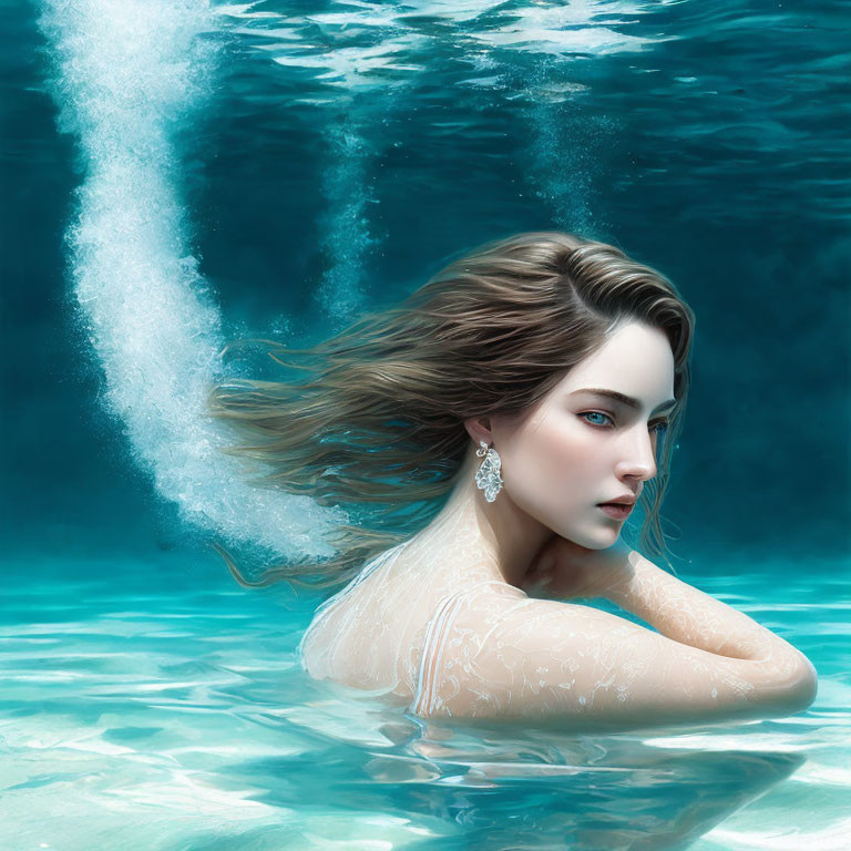 Woman with flowing hair and striking makeup emerges from tranquil blue water