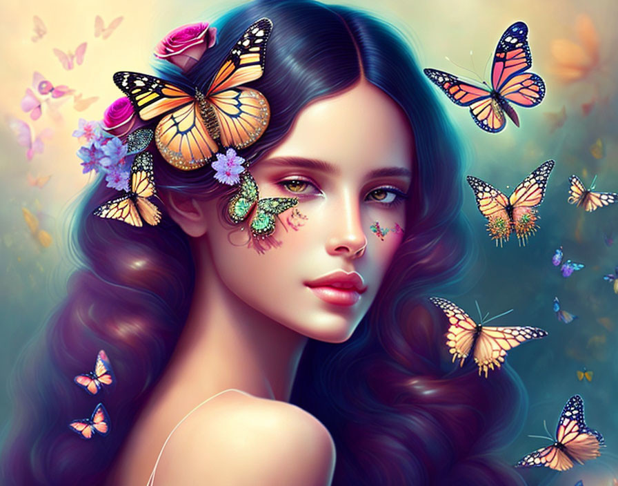 Colorful butterflies adorn woman in digital artwork