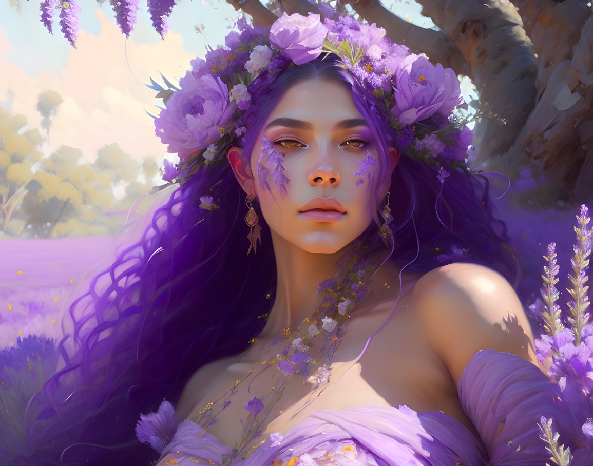 Purple-haired woman in floral adorned against lavender field backdrop