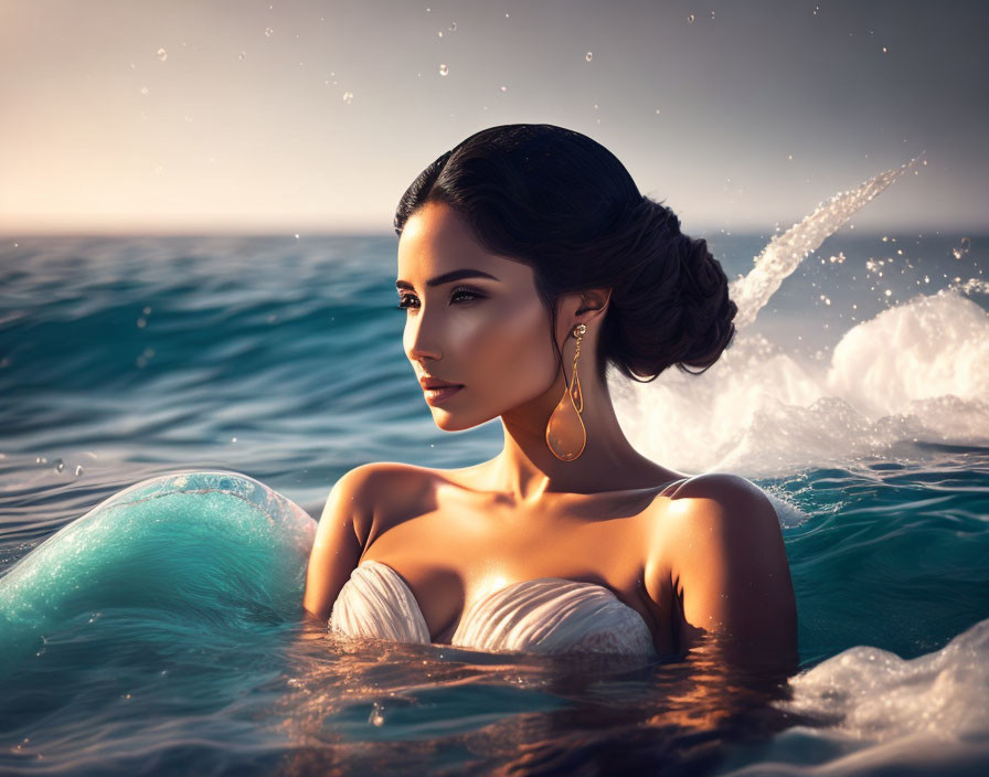 Woman with elegant earrings and styled hair in ocean waves.