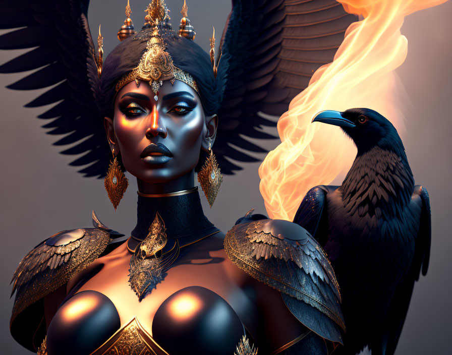 Dark-skinned female with golden jewelry and feathered headdress beside a fire-breathing raven on