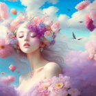 Surreal portrait of pale-skinned person with oversized pastel flowers