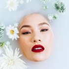 Woman's Face Surrounded by Water, Bubbles, Flowers, and Butterflies