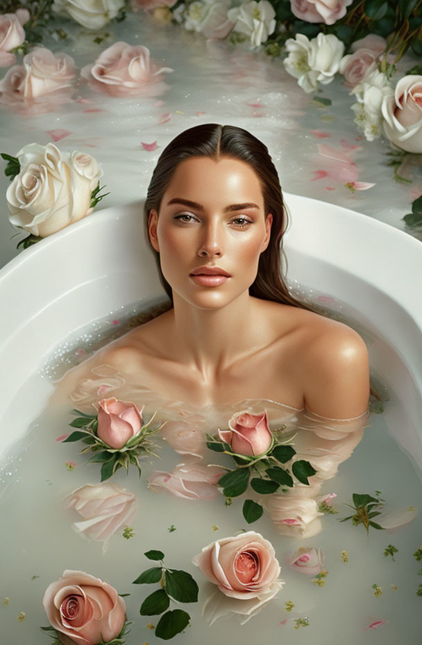 Woman in Milk Bath Surrounded by Roses