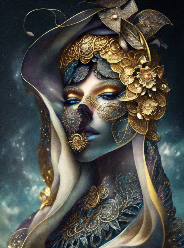 Surreal portrait of woman with gold floral ornaments and blue makeup on starry background