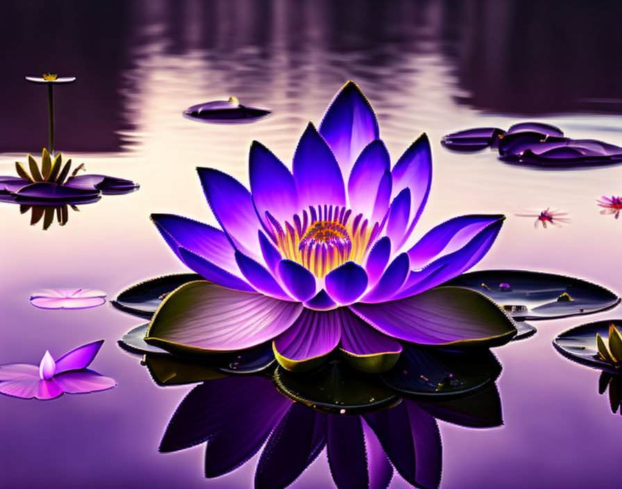 Vibrant purple lotus flower in reflective water under twilight sky