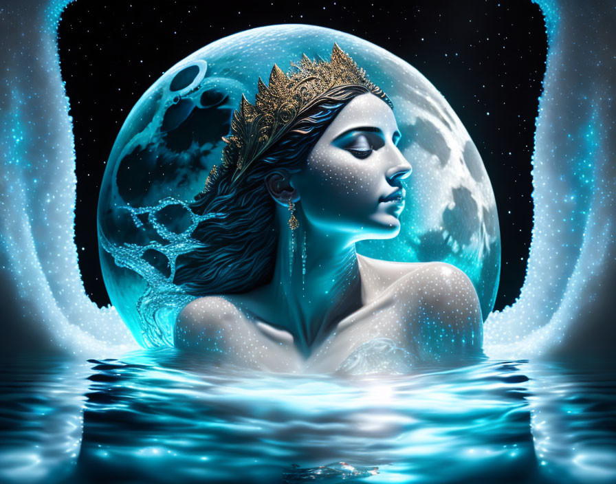 Golden-crowned woman emerges from water under moon and stars