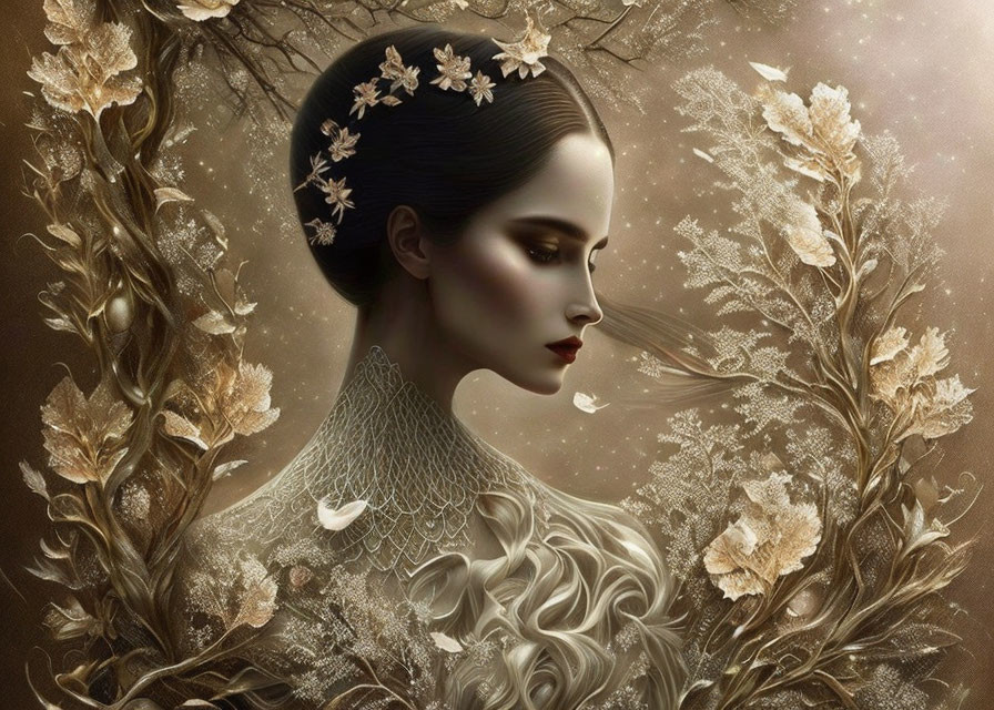 Woman with floral hair decorations in golden leaf and lace nature setting