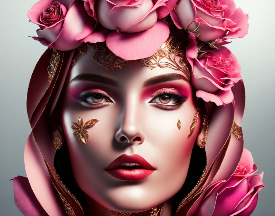 Stylized portrait of a woman with pink roses and gold jewelry