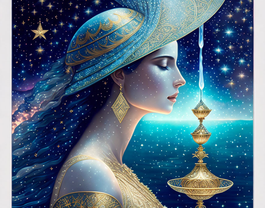 Woman with Starry Night Sky Hair and Celestial Jewelry on Cosmic Background