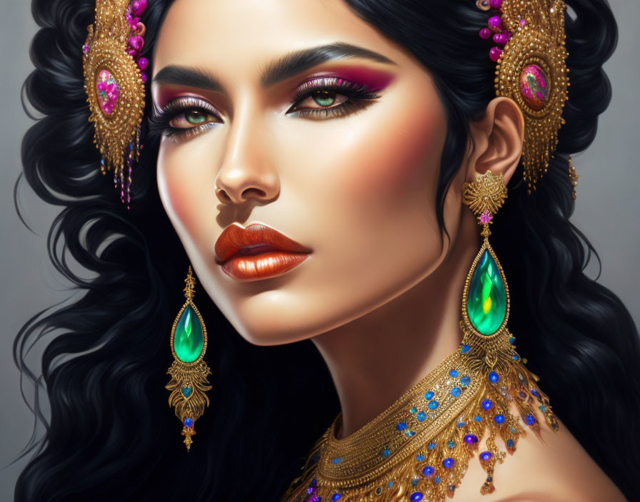 Digital portrait of a woman with striking makeup, adorned with gold jewelry and green gemstones, featuring volum