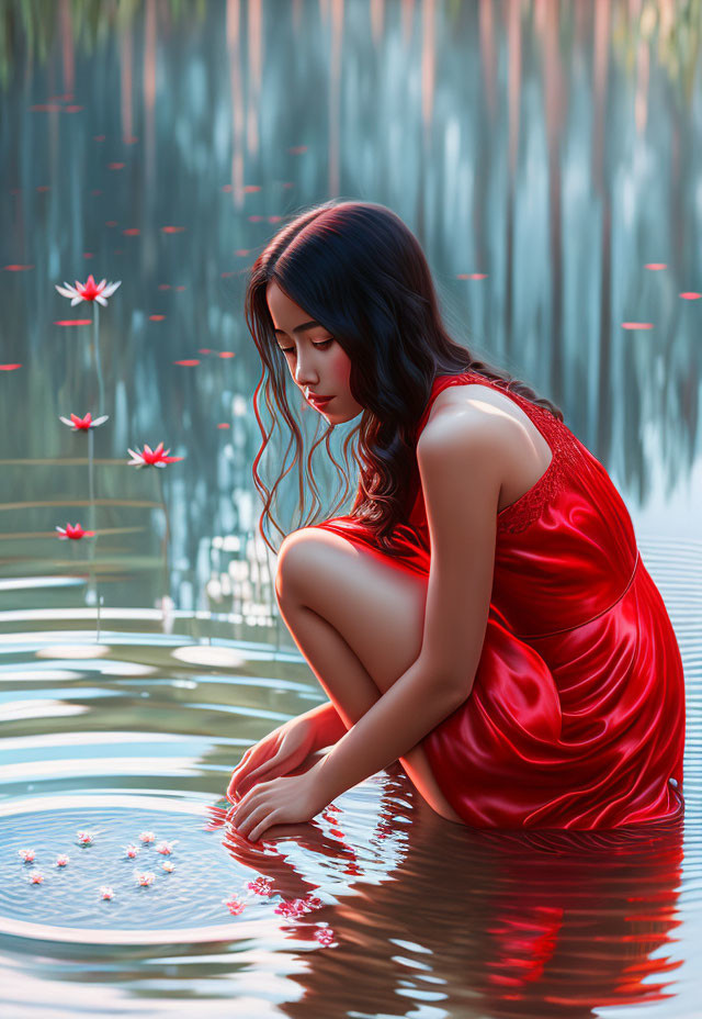 Woman in red dress by water with floating flowers and trees in serene setting