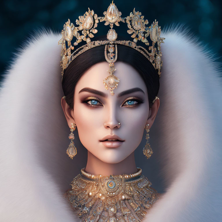 Illustrated woman with blue eyes, gold crown, and white fur collar.