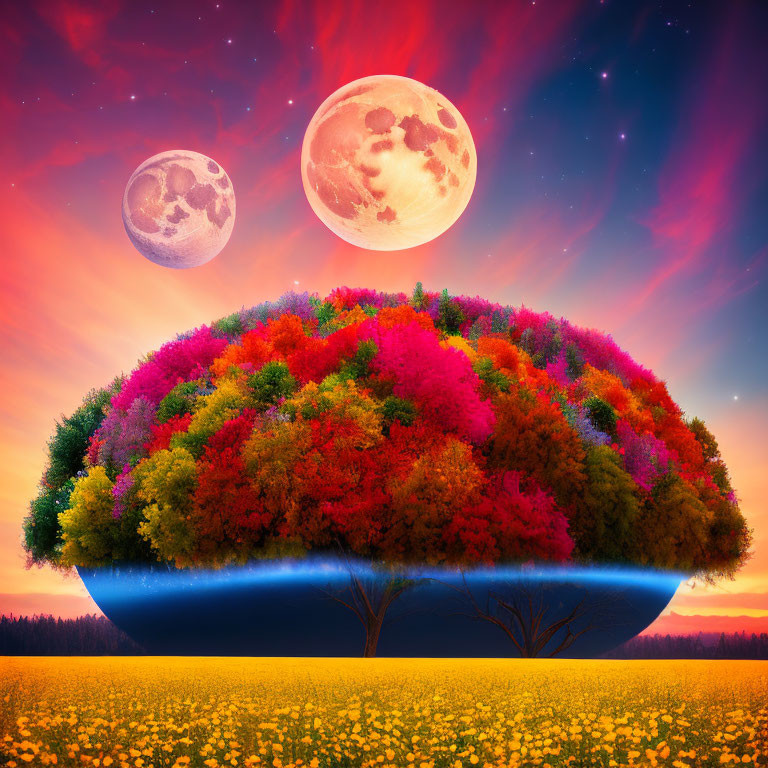 Colorful Foliage Sphere Over Yellow Flower Field with Two Moons and Sunset