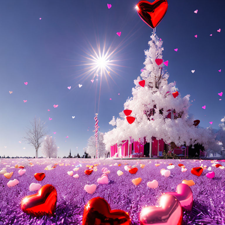 Snow-covered tree in purple grass field with red hearts under bright sun