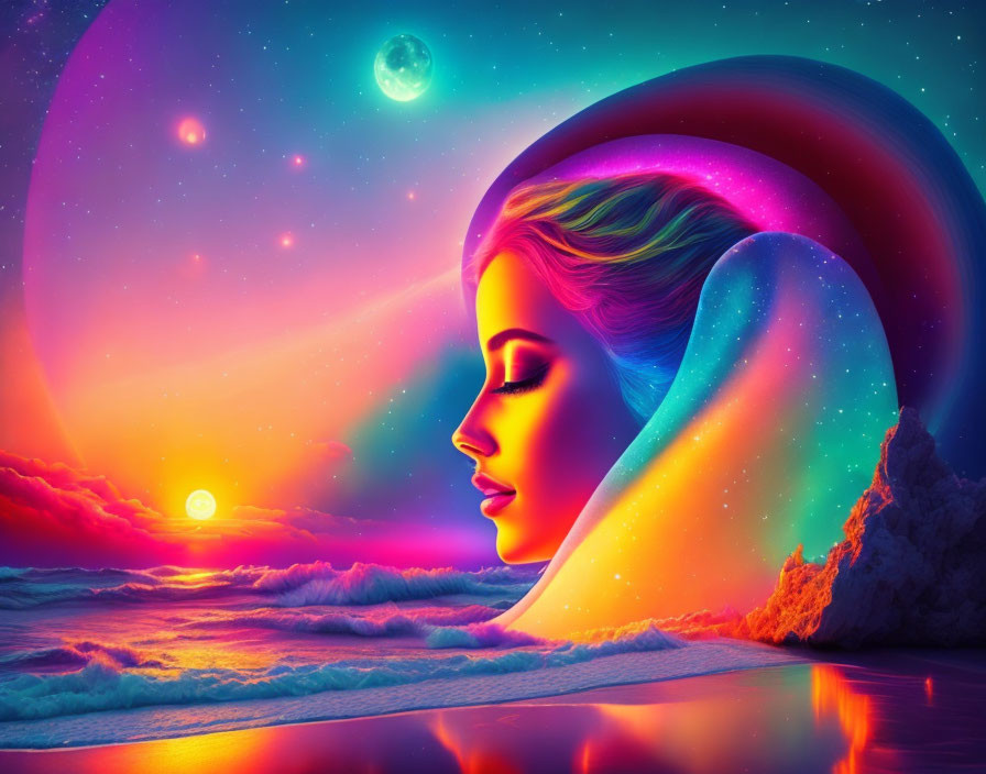 Surreal digital artwork: woman's profile merges with beachscape