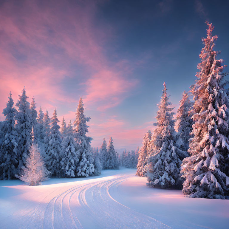 Snow-covered fir trees in twilight winter landscape with pink-hued sky