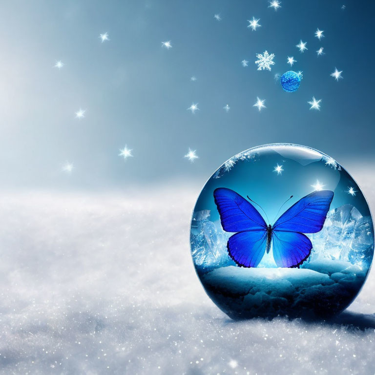 Blue butterfly in clear sphere on snowy surface with stars.