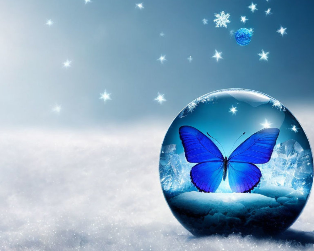 Blue butterfly in clear sphere on snowy surface with stars.