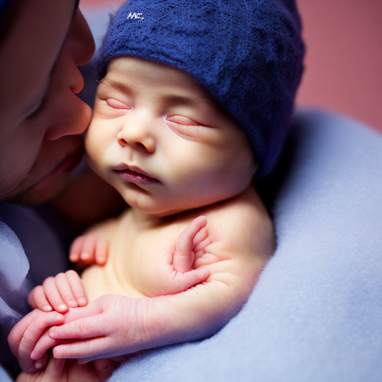 Adult gently pressing forehead against newborn in blue cap and blanket.