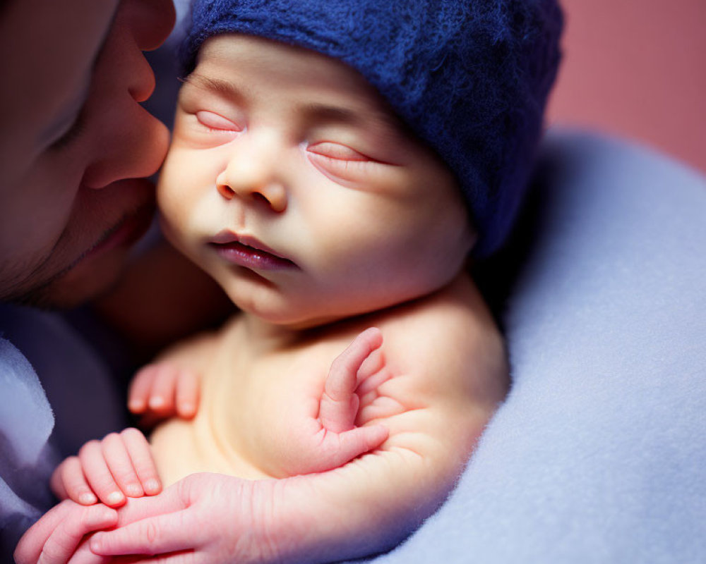 Adult gently pressing forehead against newborn in blue cap and blanket.