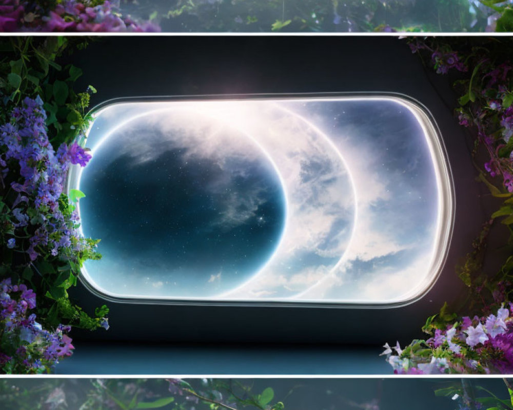 Digital art concept of glowing portal with moon-like celestial body in flower-framed setting