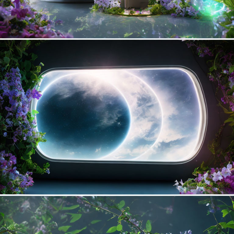 Digital art concept of glowing portal with moon-like celestial body in flower-framed setting