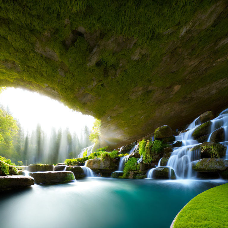 Serene multi-tiered waterfall in cave with sunlight filtering through