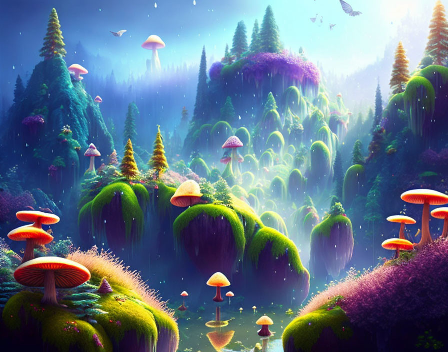 Fantasy Landscape with Oversized Mushrooms and Glowing Plants