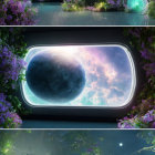 Digital art concept of glowing portal with moon-like celestial body in flower-framed setting