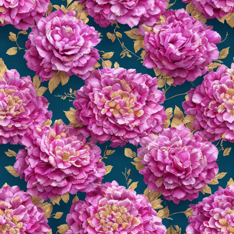 Pink Peonies Seamless Pattern on Dark Blue Background