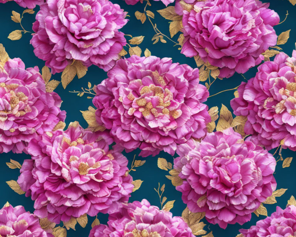 Pink Peonies Seamless Pattern on Dark Blue Background