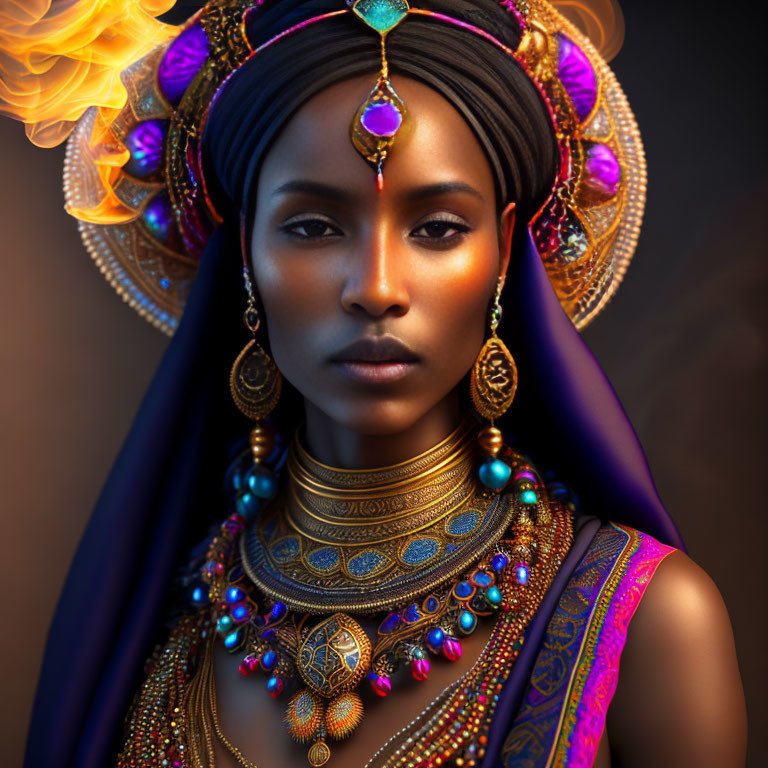 Portrait of woman with golden jewelry and fiery headpiece on dark background