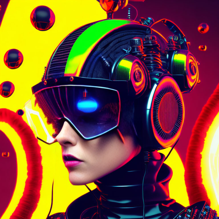 Futuristic woman with stylized headphones and visor in vibrant red and yellow setting