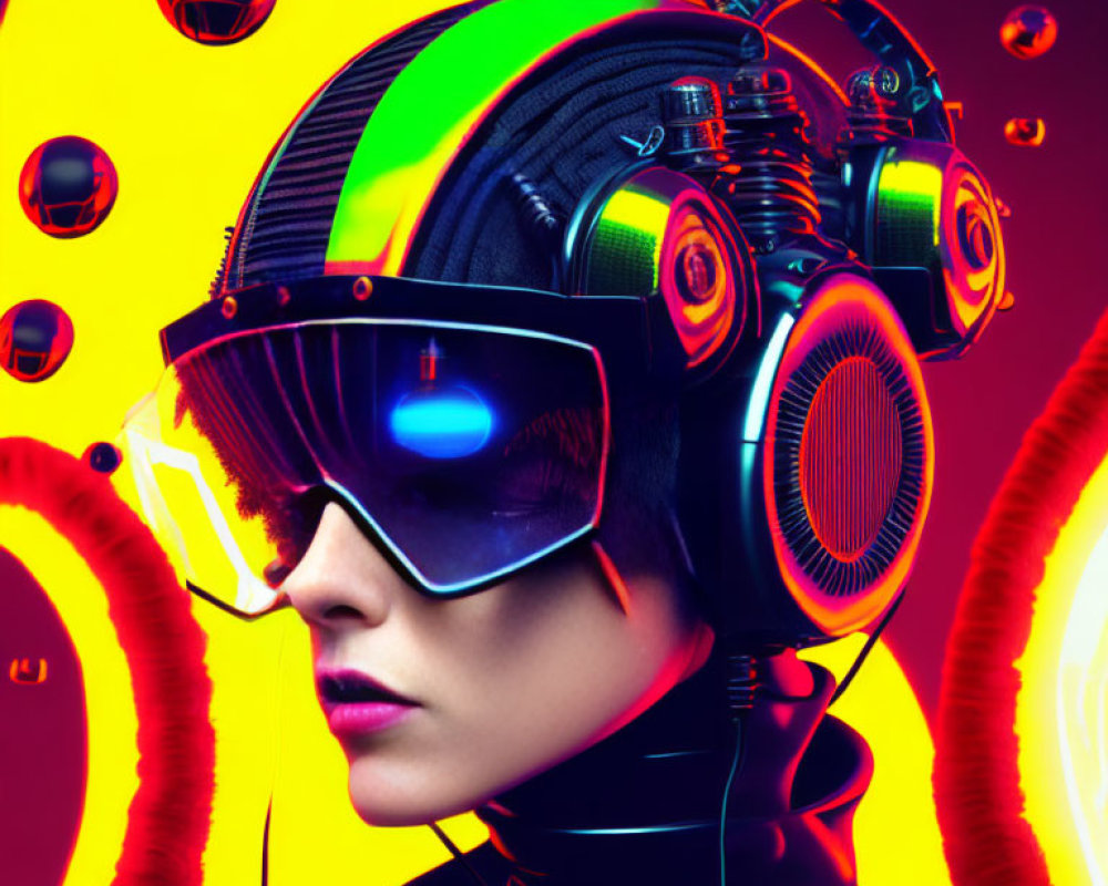 Futuristic woman with stylized headphones and visor in vibrant red and yellow setting