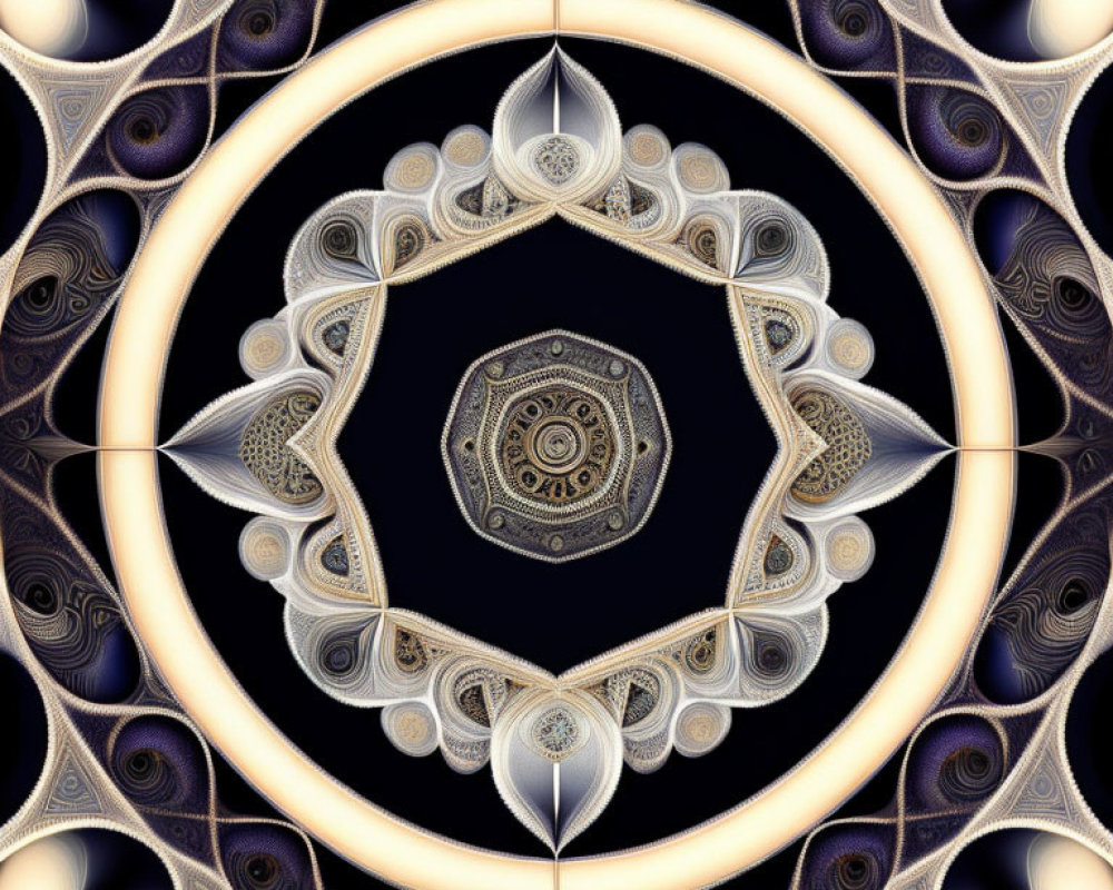 Symmetrical Blue, Gold, and White Abstract Fractal Art with Circular Patterns