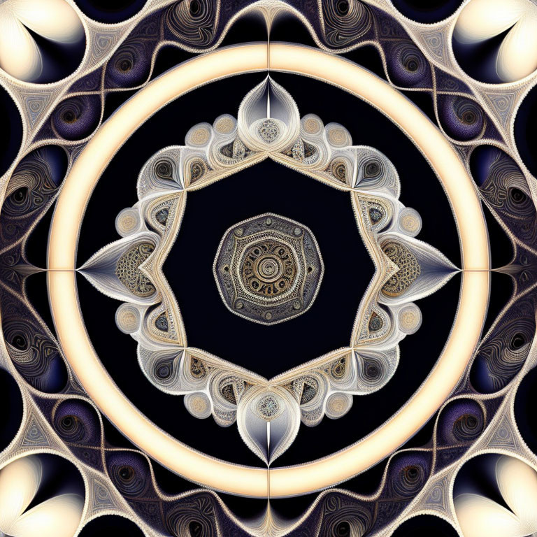 Symmetrical Blue, Gold, and White Abstract Fractal Art with Circular Patterns