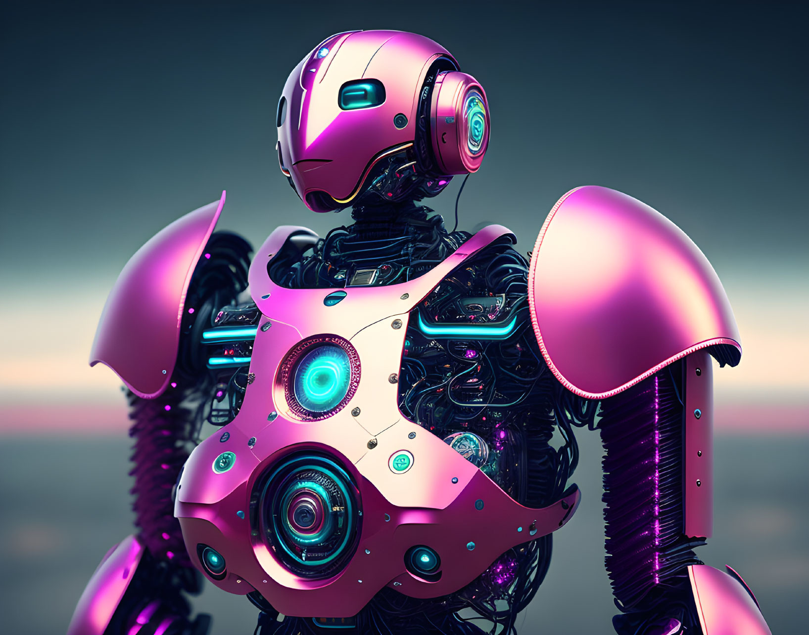 Detailed Illustration of Futuristic Robot with Pink and Purple Armor