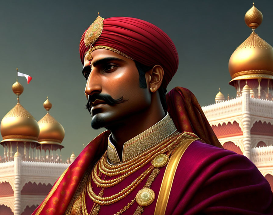 Traditional Indian royal attire with turban and gold jewelry on regal figure against palace domes