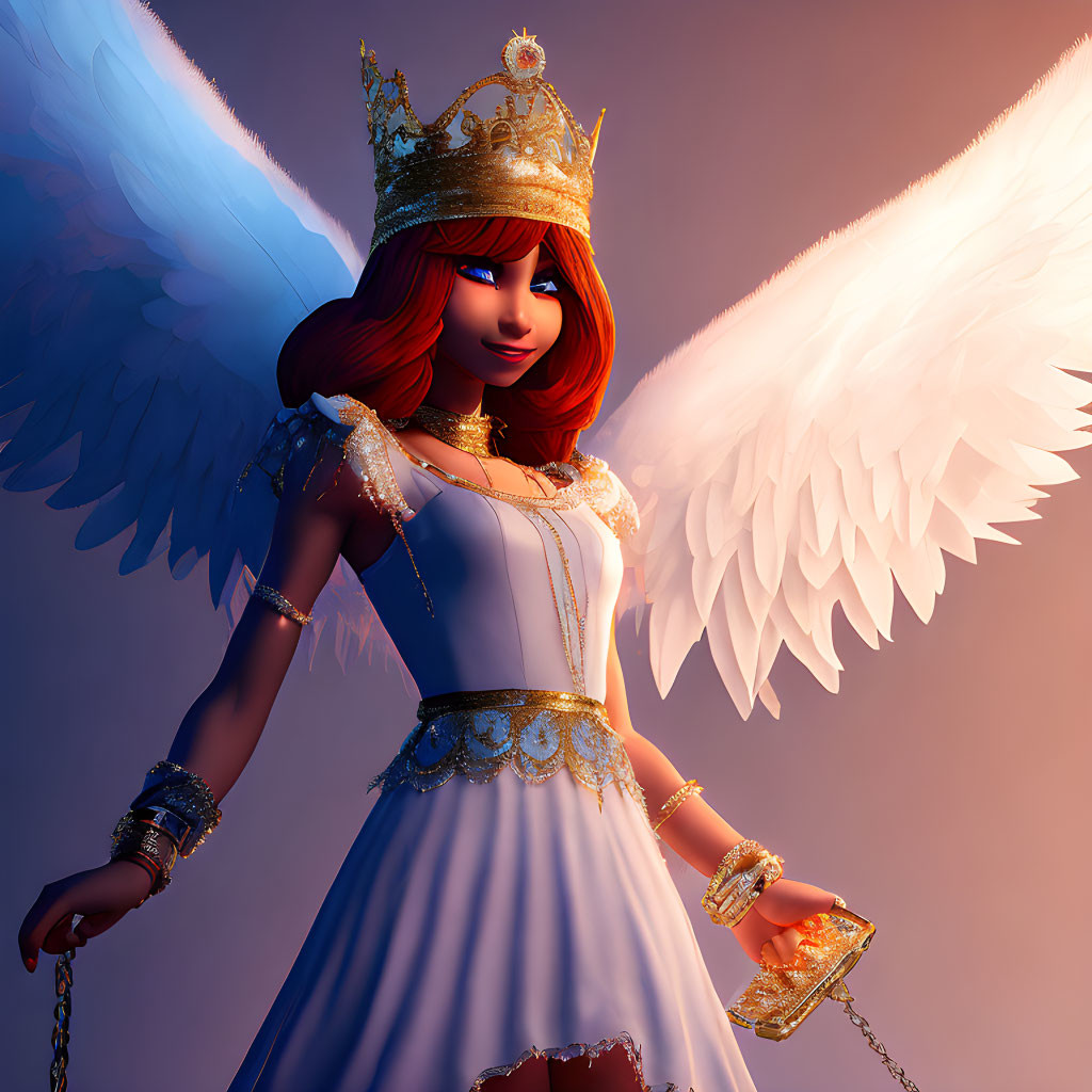 Angelic figure with red hair in white and gold attire and large wings