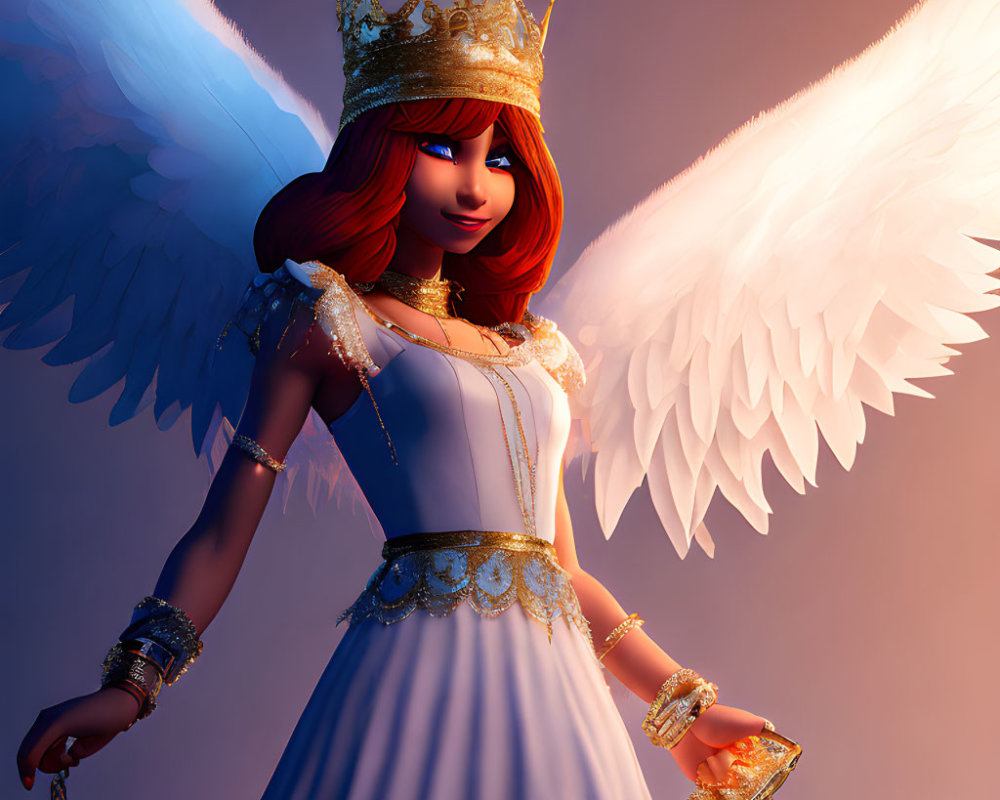 Angelic figure with red hair in white and gold attire and large wings