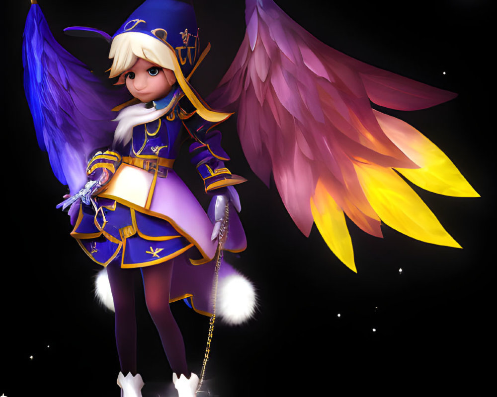 Detailed 3D illustration of character with gradient wings in purple and gold outfit with staff on starry