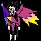 Detailed 3D illustration of character with gradient wings in purple and gold outfit with staff on starry