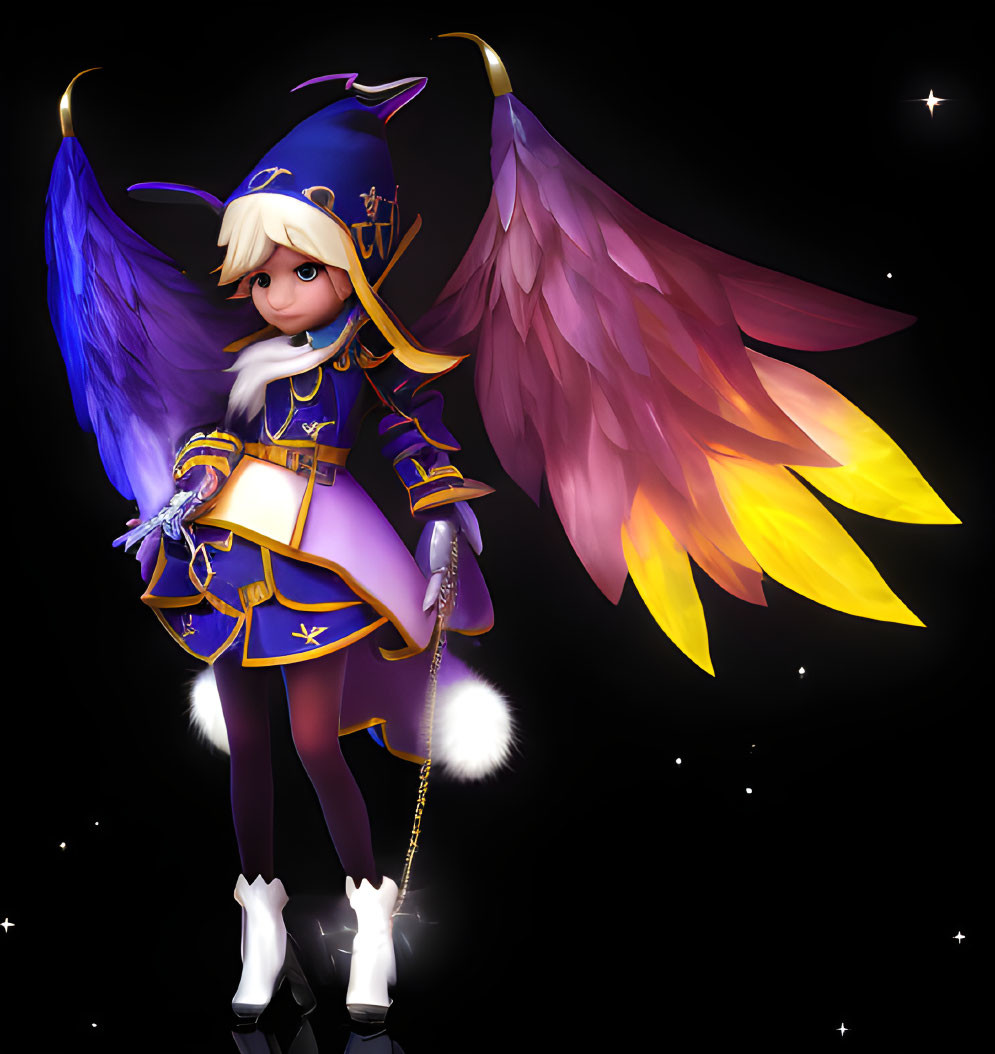 Detailed 3D illustration of character with gradient wings in purple and gold outfit with staff on starry