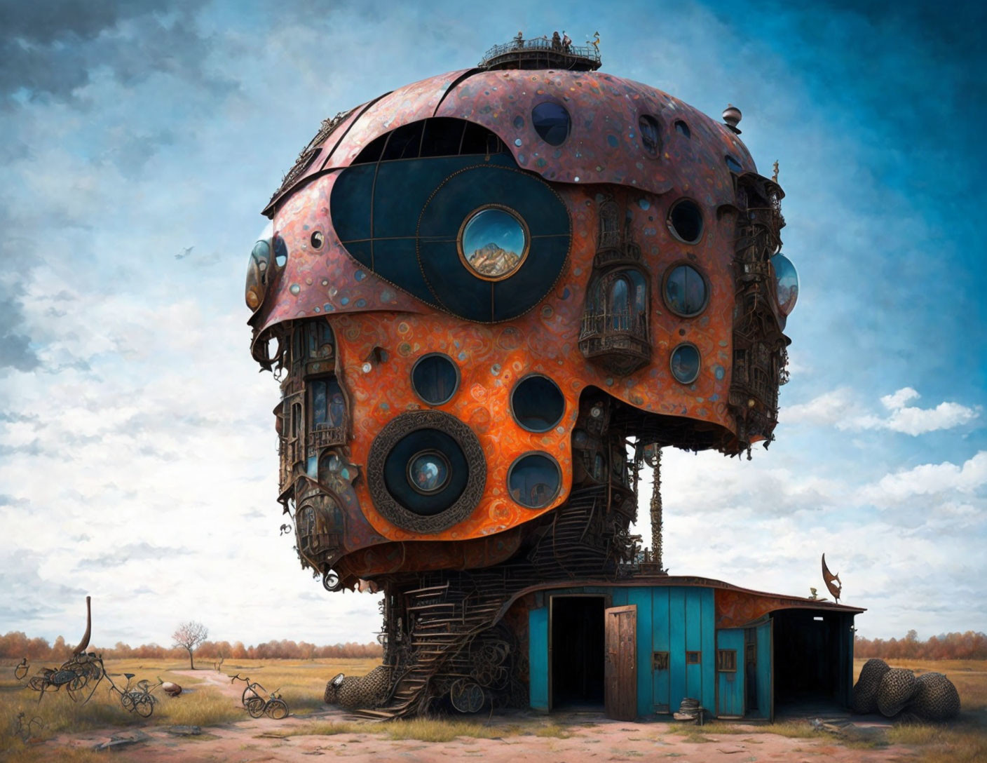 Rusted spherical structure with circular windows in barren landscape