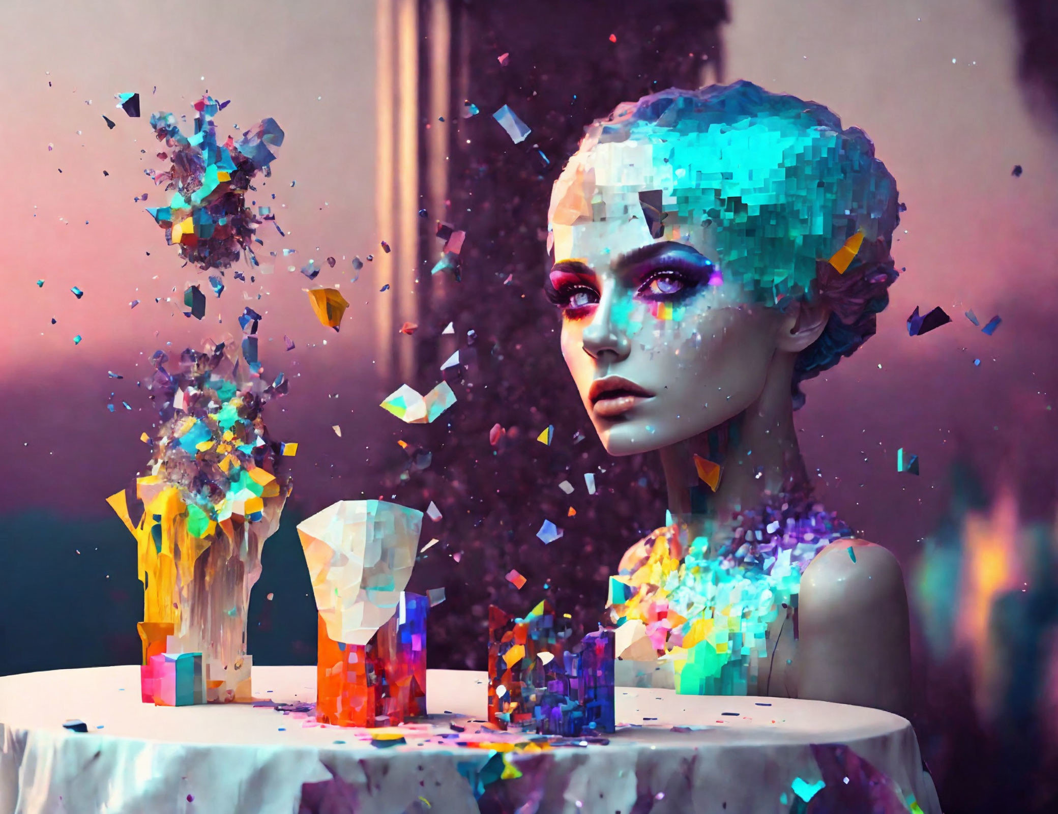 Colorful digital artwork of woman with pixilated disintegrating effect and objects on table