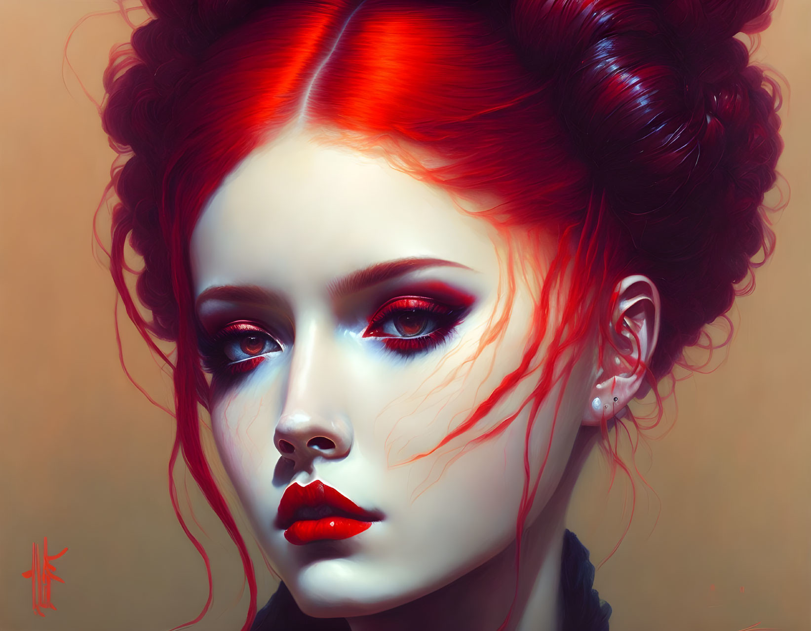 Vibrant digital art portrait of a woman with red hair and bold lipstick