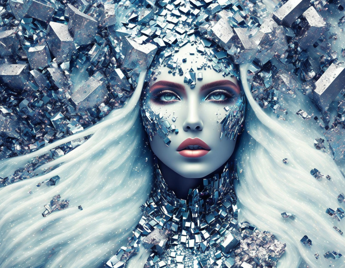 Digital Artwork: Pale Skin, Icy Blue Hair, Fragmented into Metallic Cubes