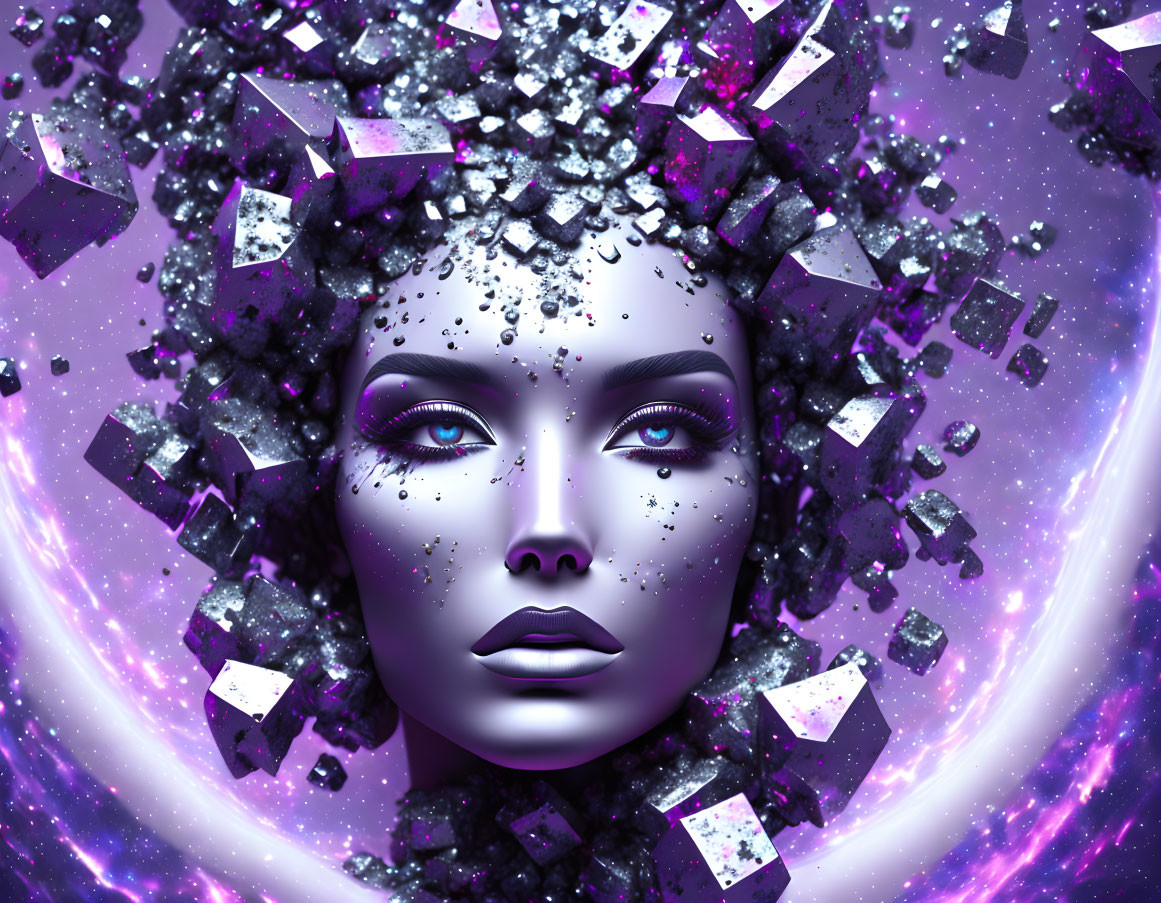 Digital illustration of woman's face with silver skin and cosmic energy.